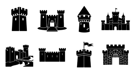 Medieval Castle Icons, Fortress Silhouettes, Royal Fortifications, Historic Architecture Vector Set for Fantasy and History Projects © Khairul