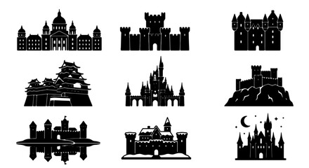 Diverse Castle Silhouettes Collection, Medieval Fortresses and Fantasy Palaces, Architectural Icons for Storytelling and Design © Khairul