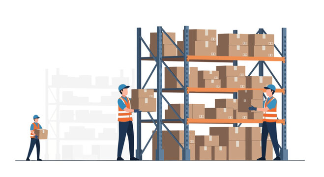 Warehouse workers organizing boxes on shelves, logistics and delivery concept
