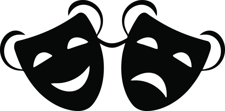 Two comedy and tragedy masks side by side smiling frowning
