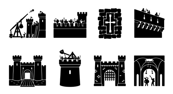 Medieval Castle Icons, Fortress Elements, Siege Warfare Symbols, Historical Architecture Vector Set