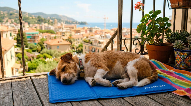 Dog relaxing on cooling mat during a sunny day with city view