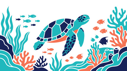 Sea turtle swims with fish through coral reef and seaweed. © Graffico