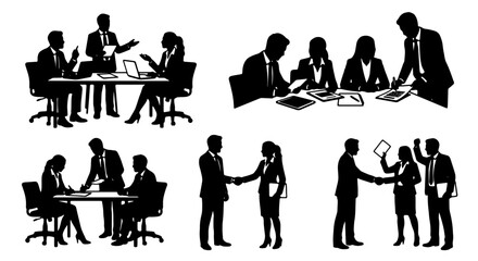 Fototapeta premium Business Meeting Silhouettes, Professional Collaboration Icons, Corporate Teamwork Graphics, Office Discussion Vector Set