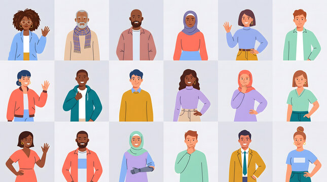 Diverse people illustrations with colorful character portraits, flat design avatars and people icons set for user profiles, social media and branding