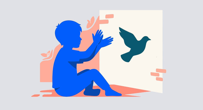 Child creating bird hand puppets using shadow vector