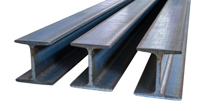 Isolated three raw heavy-duty structural steel I-beams, essential construction material.
