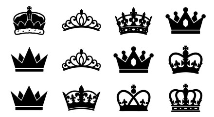 Royal Crown Icons Set, Regal Headwear Silhouettes, Majestic Tiaras and Coronets, Vector Royalty Symbols for Design © Munna