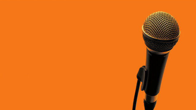 Microphone on bright orange background for audio recording concept