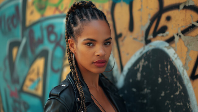 Beautiful African American woman with braids portrait by graffiti wall