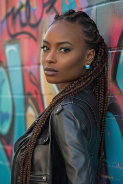 Stunning African American woman with braids against colorful graffiti