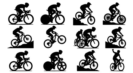 Obraz premium Dynamic Cycling Silhouettes Collection: Road Racing, Mountain Biking, BMX Action, 12 Vector Icons for Sports and Fitness Graphics