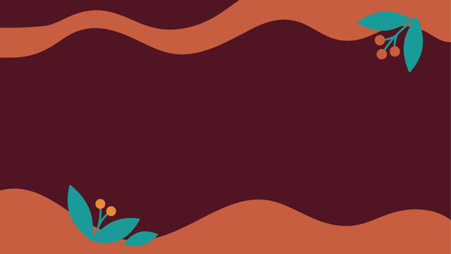 Abstract decorative background with teal leaves, orange berries, and wavy orange borders. Flat vector illustration EPS 10.