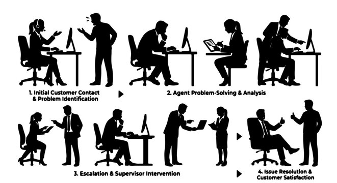 Customer Service Workflow, Business Process Stages, Call Center Operations, Support Team Interaction, Problem Resolution Steps