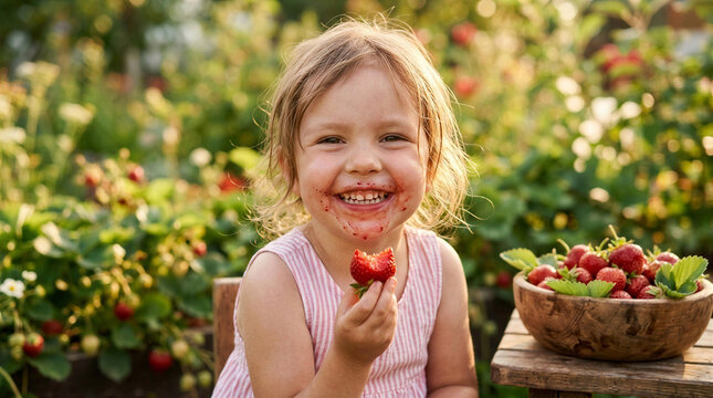 Smiling child enjoying strawberries in a garden during strawberry harvest