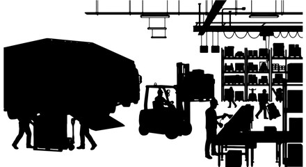 Obraz premium Warehouse Logistics and Shipping Operations, Forklift Loading Cargo, Industrial Storage and Delivery Workflow, Silhouette Vector Illustration