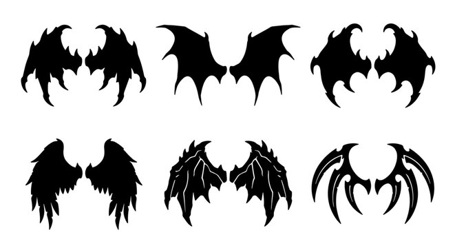 Gothic Wing Silhouettes, Dark Fantasy Angel and Demon Wings Vector Set, Spiky and Feathered Designs for Tattoos and Graphic Elements