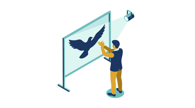Creative man making bird hand puppet shadow vector on screen