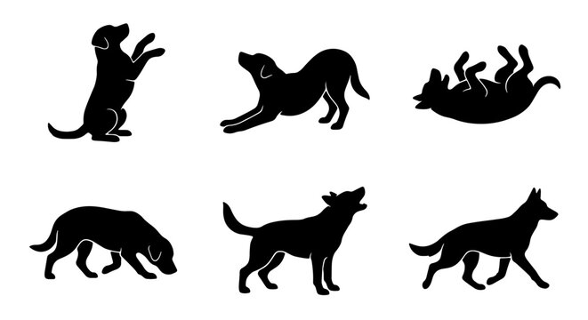 Diverse Dog Silhouettes Collection, Playful Canine Poses Vector Set, Black Animal Icons for Pet Branding and Design