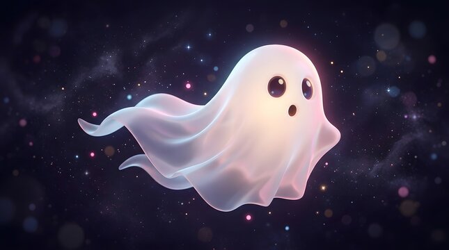 Cute glowing ghost floating in a starry cosmic space background