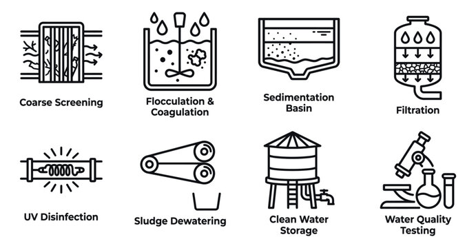 Set of water treatment and purification process icons showing filtration and cleaning methods in black line Minimal stroke icon set bundle collection. Editable Vector Illustration Mega pack