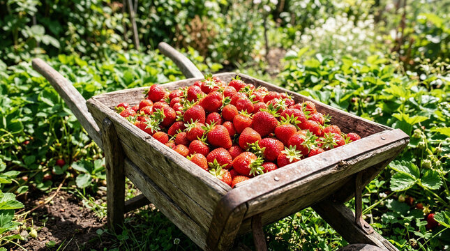 Strawberries in a wheelbarrow, cheerful mood, harvesting in a garden
