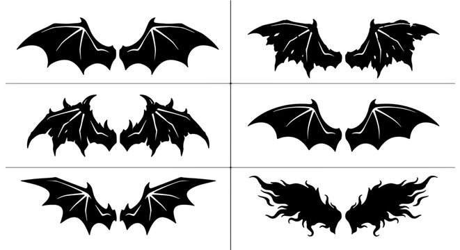 Gothic Bat Wings Vector Set: Dark Fantasy Devil Wings, Spooky Halloween Accents, Mythical Creature Emblems, Black Silhouette Graphics