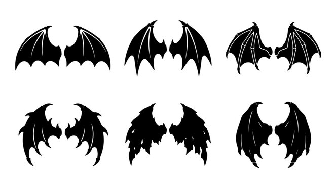 Black Bat Wings Vector Set, Gothic Fantasy Creature Appendages, Spooky Halloween Devil Horned Wing Illustrations, Dark Angel Silhouette Graphics
