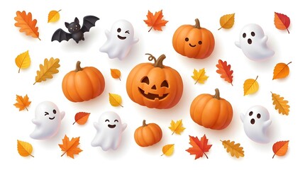 Fototapeta premium Halloween elements set with cute pumpkins, ghosts, bats and autumn leaves isolated on white background