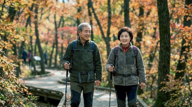 Elderly couple hiking scenic trail