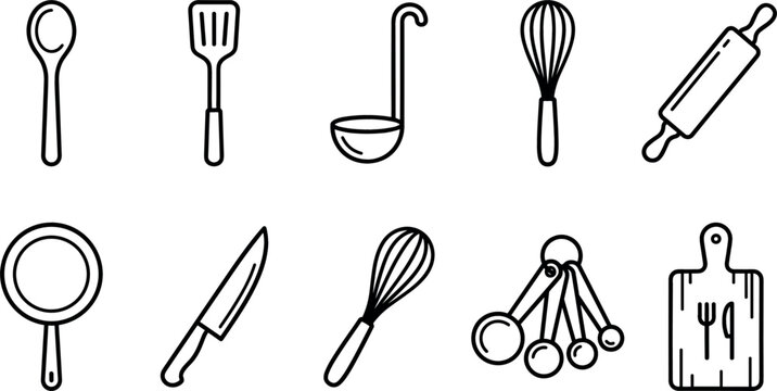 kitchen, utensil, cooking, tool, icon, set, collection, spoon, spatula, ladle, whisk, knife, pan, skillet, rollingpin,ite, vector, culinary, chef, baking, restaurant, food, recipe,