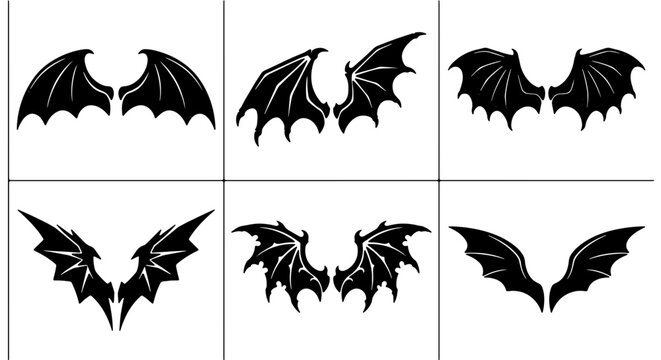 Black Bat Wings Vector Icons Set, Gothic Devil Wings Collection, Fantasy Creature Emblems, Dark Angel Wing Graphics for Halloween and Horror Designs