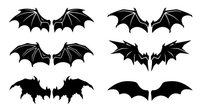 Gothic Bat Wings Vector Set, Dark Fantasy Angelic Silhouette Illustrations, Spooky Halloween Creature Appendages, Black Demon Wing Graphics for Design