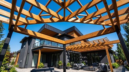 Fototapeta premium Stylish modern home with wooden pergola and patio furniture under a blue sky. Concept of contemporary architecture, home design, and real estate showcasing lifestyle and outdoor living. Generative AI