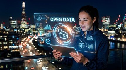 Obraz premium Woman presenting open data dashboard on transparent screen over city night skyline