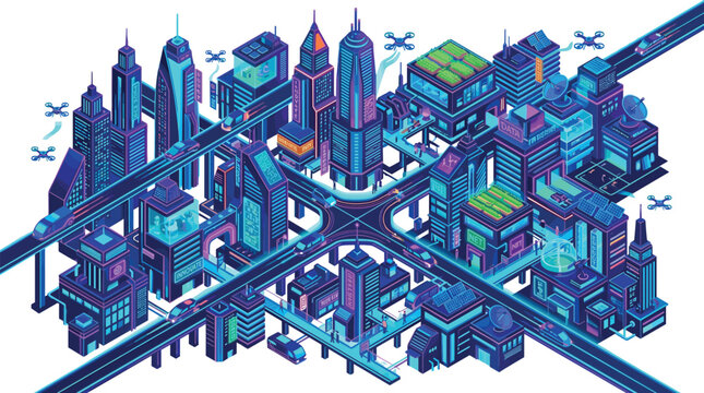 Futuristic Isometric Cyberpunk Metropolis Vector Illustration with Neon Skyscrapers Flying Drones Elevated Highways and Smart City Digital Infrastructure Layout