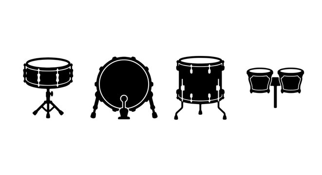 Drum Set Vector Icons, Percussion Instruments Collection, Musical Equipment Graphics, Rock Band Gear Silhouettes