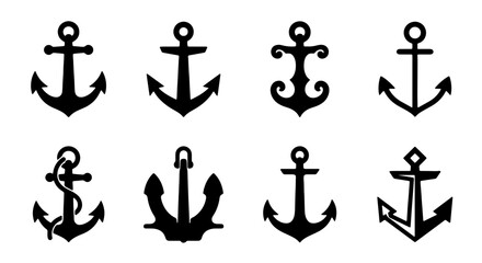 Nautical Anchor Icons Set, Maritime Marine Symbols Collection, Vintage Sailing Equipment Vector Graphics, Sea Voyage Design Elements © Maruf
