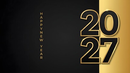 Obraz premium Happy New Year 2027 Minimalist Background with Elegant Vertical Text and Large Gold Outlined Numbers