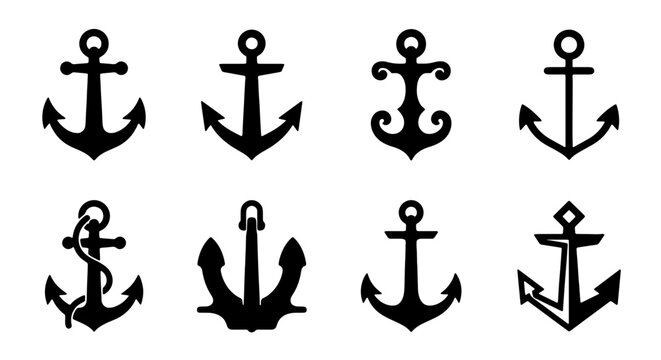 Nautical Anchor Icons Set, Maritime Marine Symbols Collection, Vintage Sailing Equipment Vector Graphics, Sea Voyage Design Elements