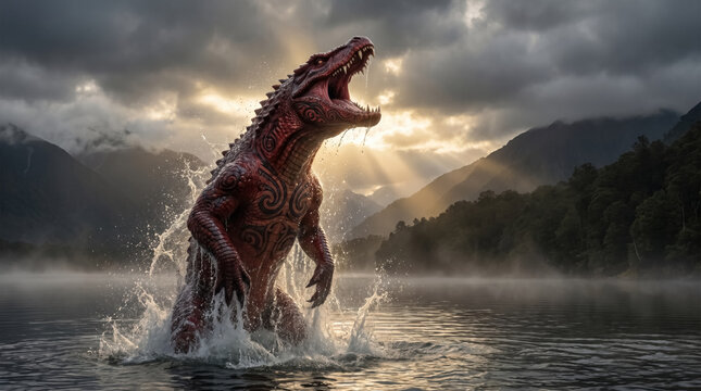 Ferocious mythological Taniwha monster with Maori carvings roaring and splashing out of New Zealand lake at sunset