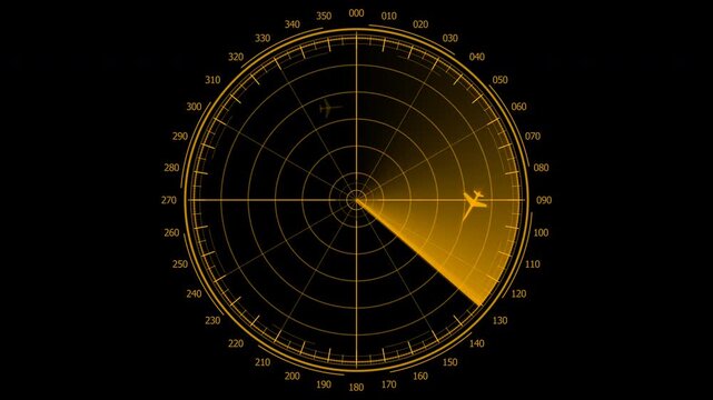 Amber air traffic control radar screen animation tracking multi-target aircraft with two targets on a head-on collision vector