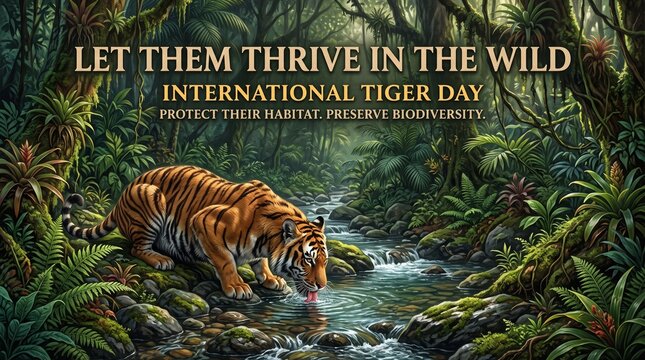 International Tiger Day: A majestic tiger, taking a refreshing drink, embodies the spirit of International Tiger Day, as a vibrant call to conserve these endangered species, nestled in a lush