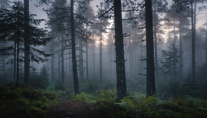 Fototapeta premium Misty forest at dawn with tall pine trees and lush green ferns creating a serene, mysterious atmosphere.