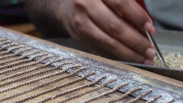 Person assembling silver jewelry chains by hand