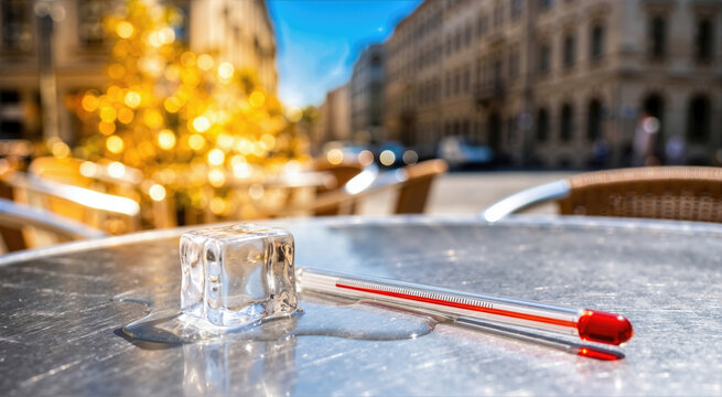 Melting ice cube and red thermometer on a silver metal table. Extreme summer heatwave and global warming concept. Blurred city background