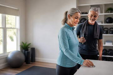 Fototapeta premium A middle-aged woman in athletic wear is stretching or exercising while a man watches her in a bright, modern home gym.