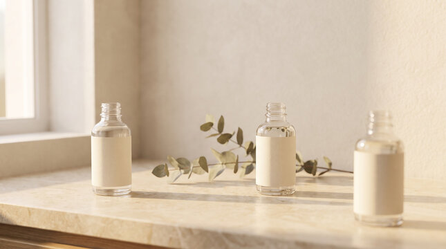 Close-up of Skincare Bottles on Marble Vanity with Natural Light