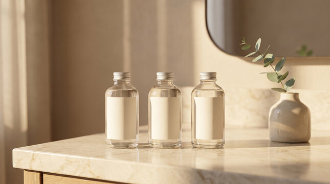 Close-up of skincare bottles on marble vanity with natural light