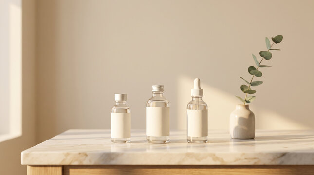 Close-up of Skincare Bottles on Marble Vanity with Eucalyptus Branch
